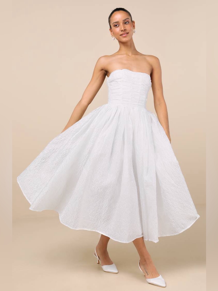 Lulu's White Strapless Textured Midi Dress
